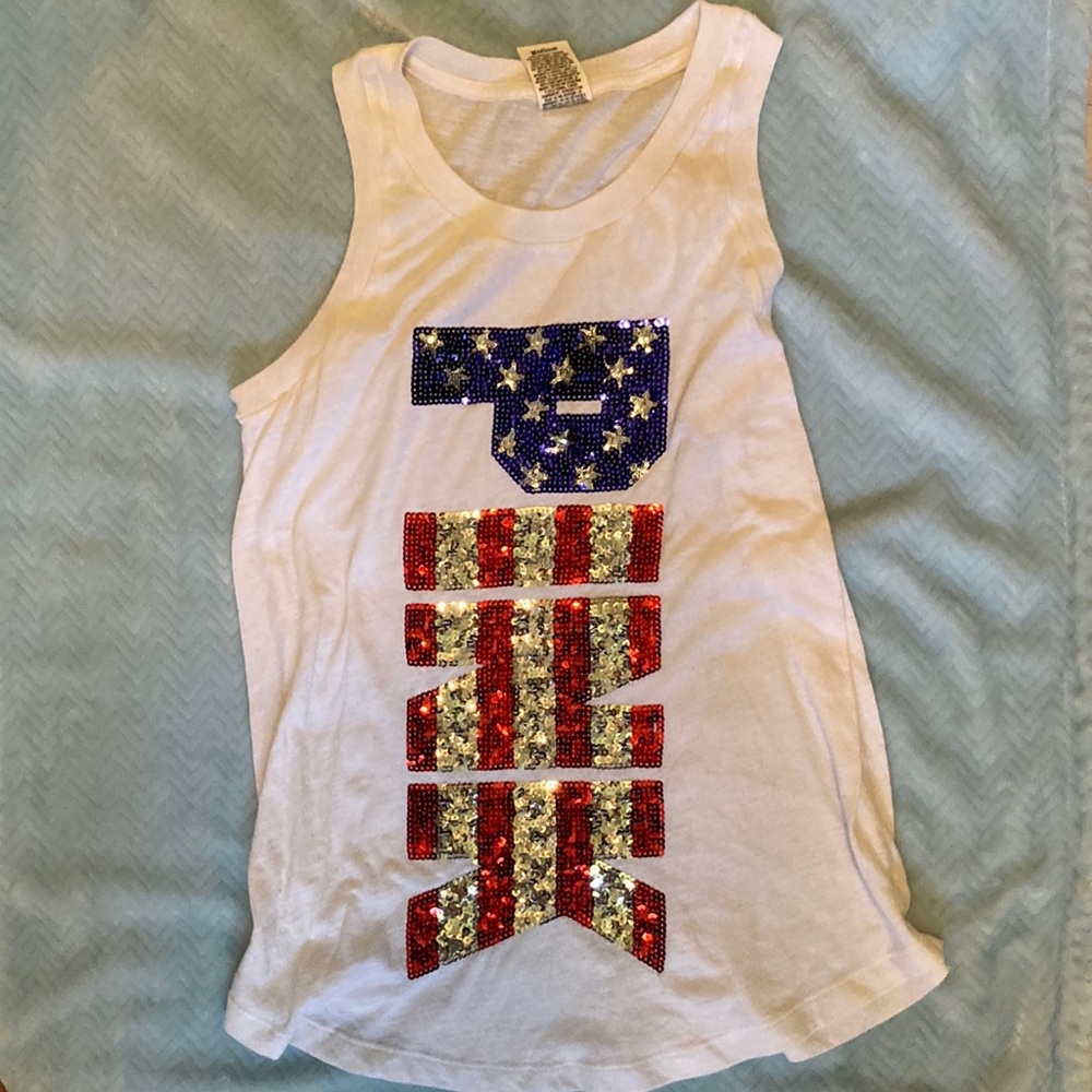PINK Victoria's Secret S White & Blue Bling Tank Top l Patriotic 4th July Sequin